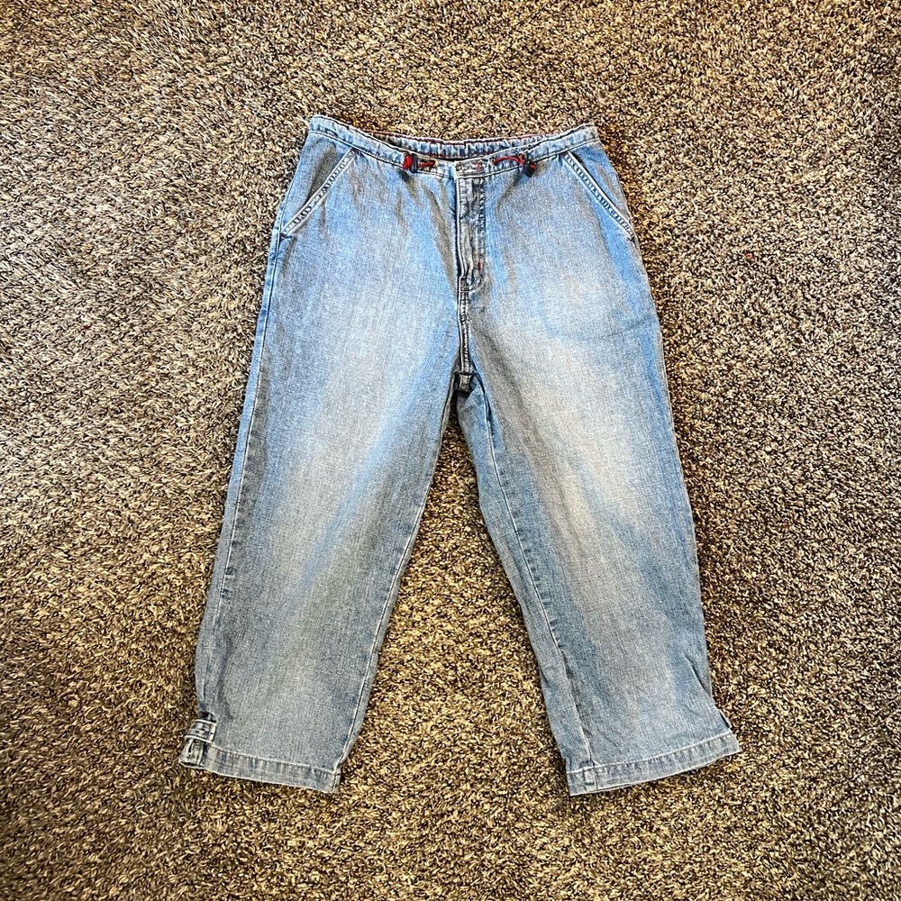 Y2K Route 66 Light Wash Denim Capris Beach Vacation Festival Grunge